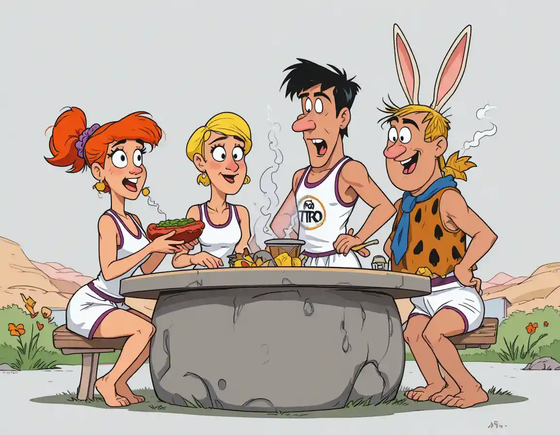 Uomini delle caverne animati fanno un divertente picnic attorno a un tavolo di pietra