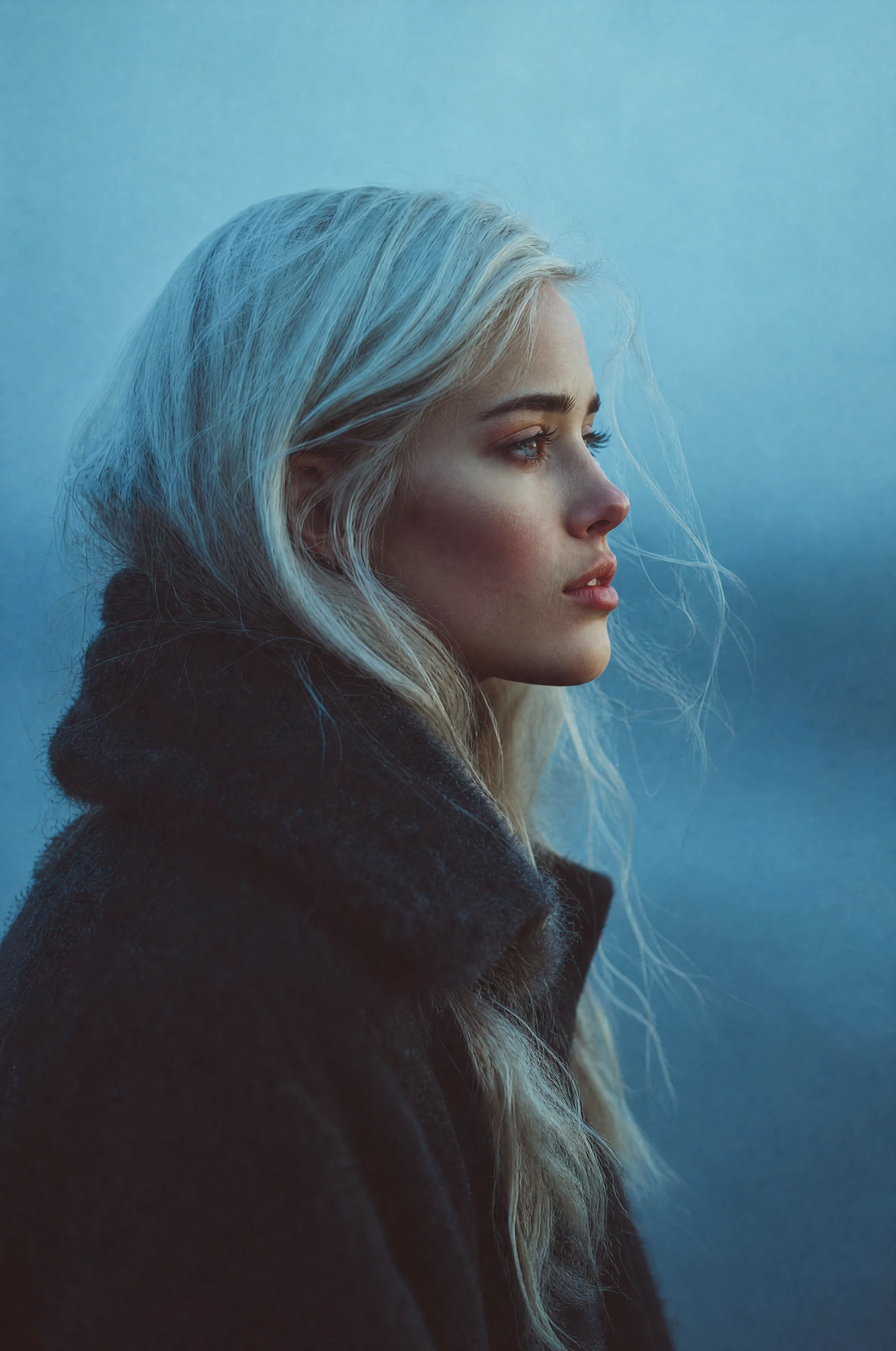 A Scandinavian woman poses outdoors during the blue hour