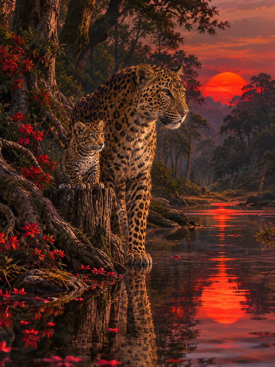 A Leopard and Its Cub Stroll Beside a Quiet Forest Pond
