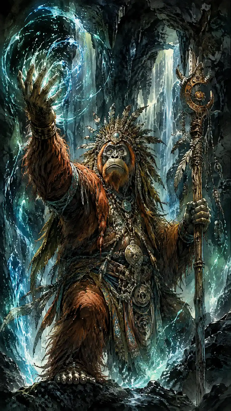 An orangutan shaman conjures elemental forces inside a subterranean cavern