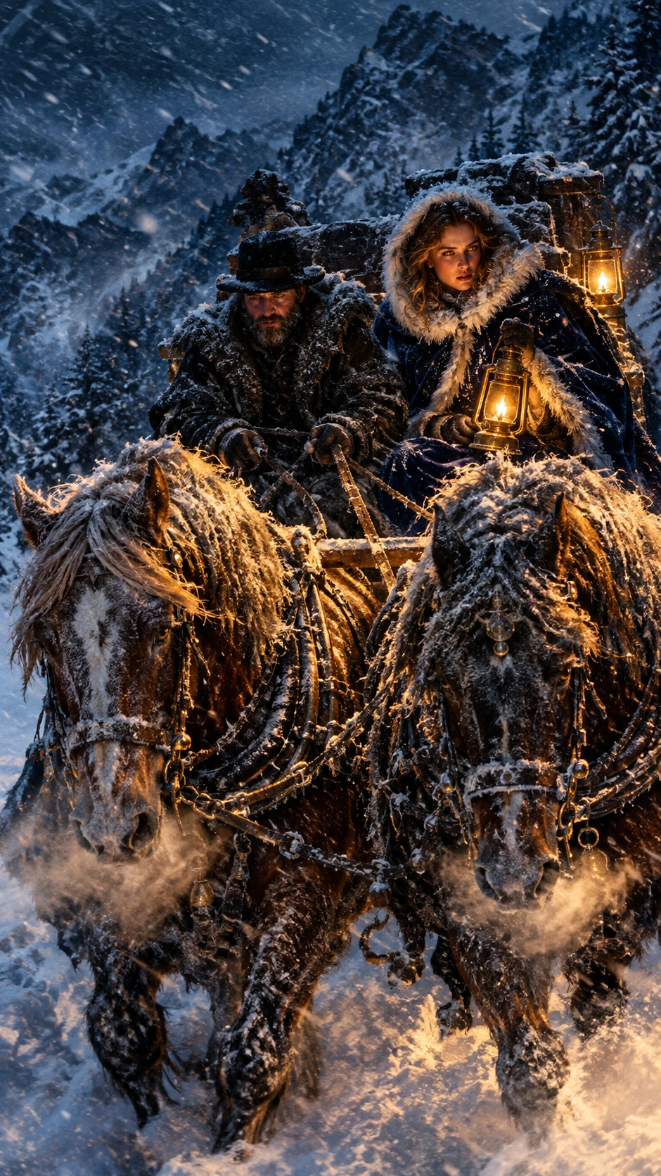 Two horses pull a wooden sled through a mountain blizzard