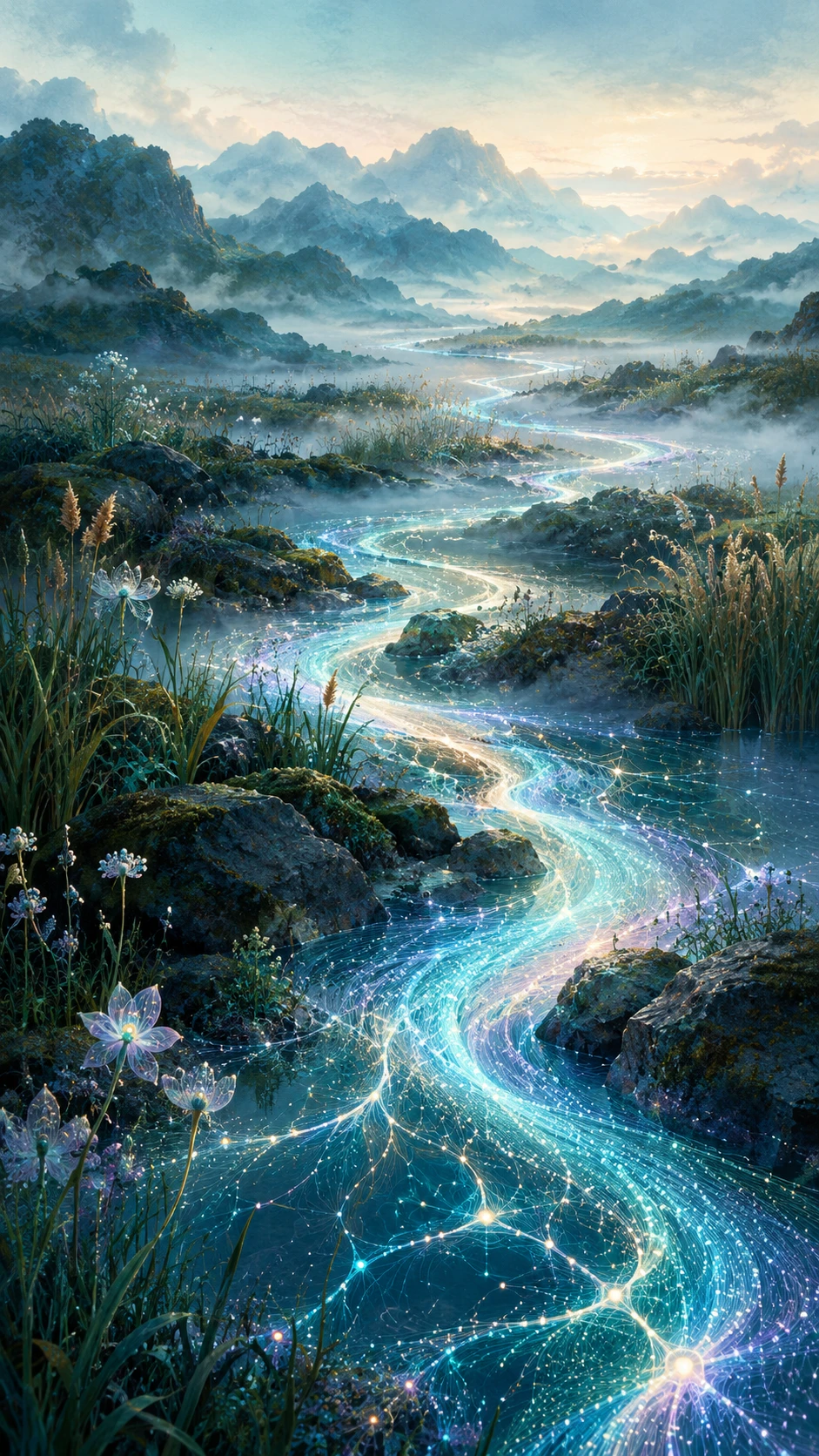 Un río luminoso serpentea por un paraje silvestre y tranquilo de juncos y piedras