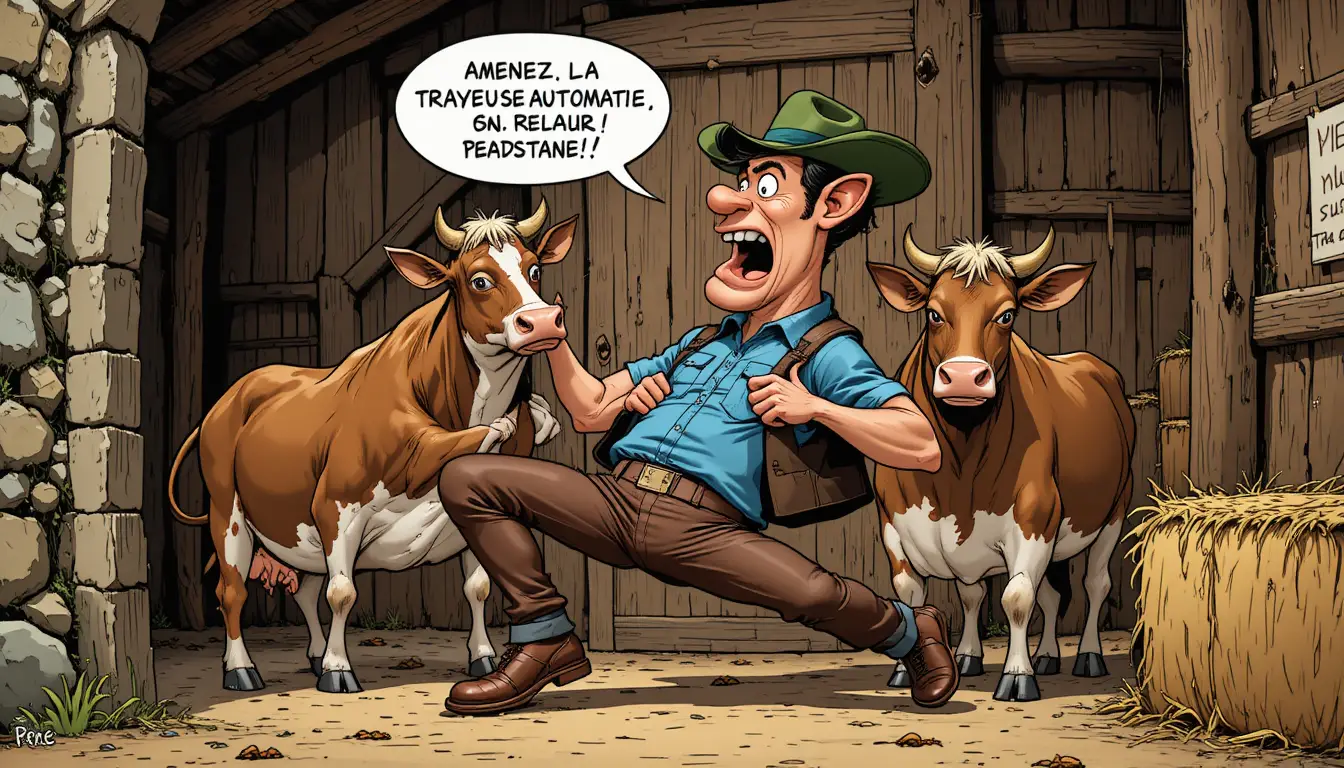 Cartoon cows hold a panicked man down inside a rustic barn