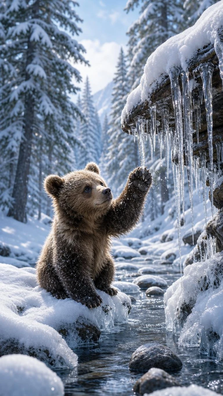 Un curioso osezno golpea carámbanos junto a un arroyo en un bosque nevado