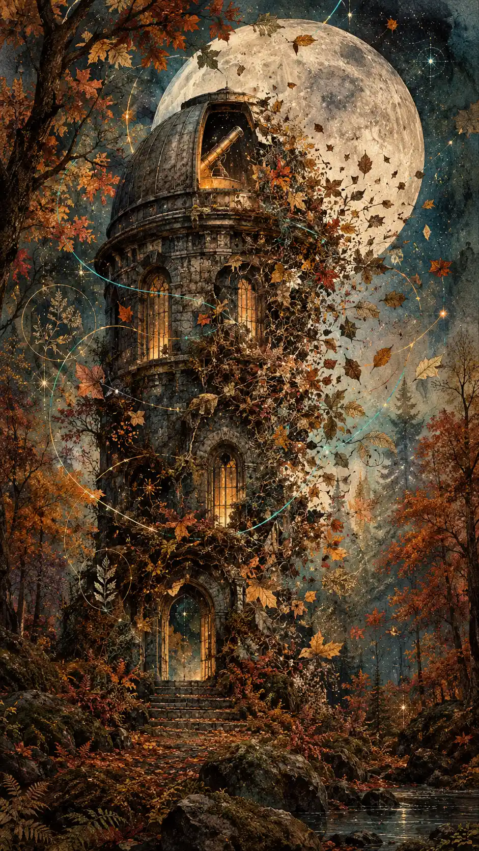 An Ancient Stone Observatory Dissolves Into Leaves Beneath a Pale Moon