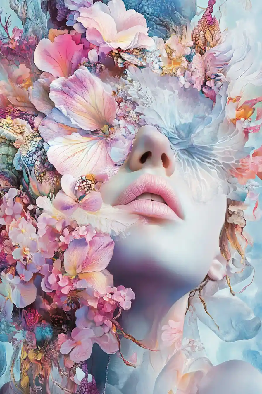 Surreal floral forms meet sacred geometry in pastel metallic lilac tones