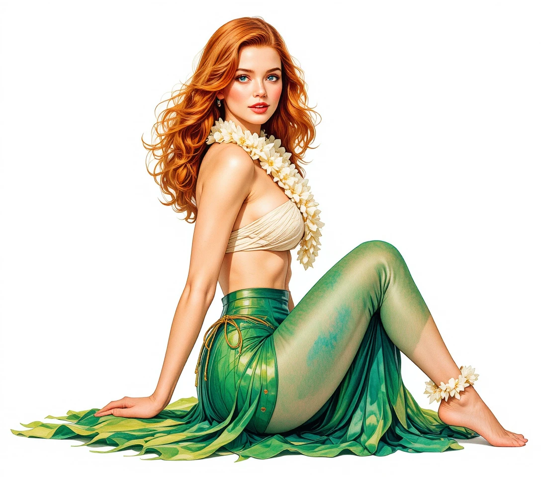 A pin-up woman sits in a flowing green grass skirt