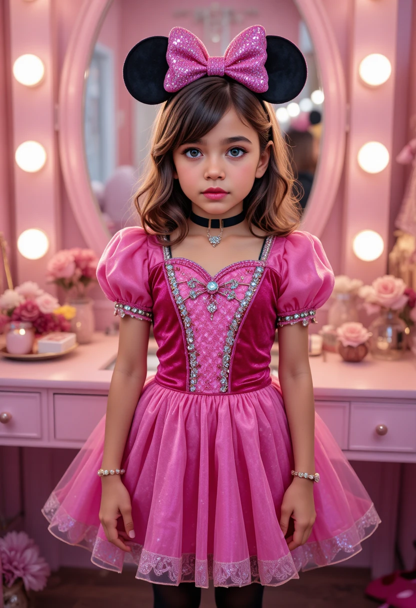 A tween boy pouts in a Minnie Mouse costume before a vanity