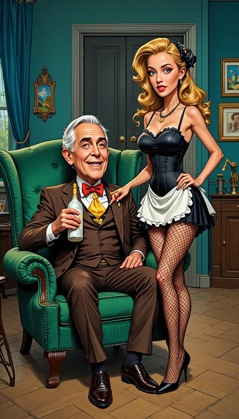 Elderly gentleman holds a white bottle in an emerald armchair