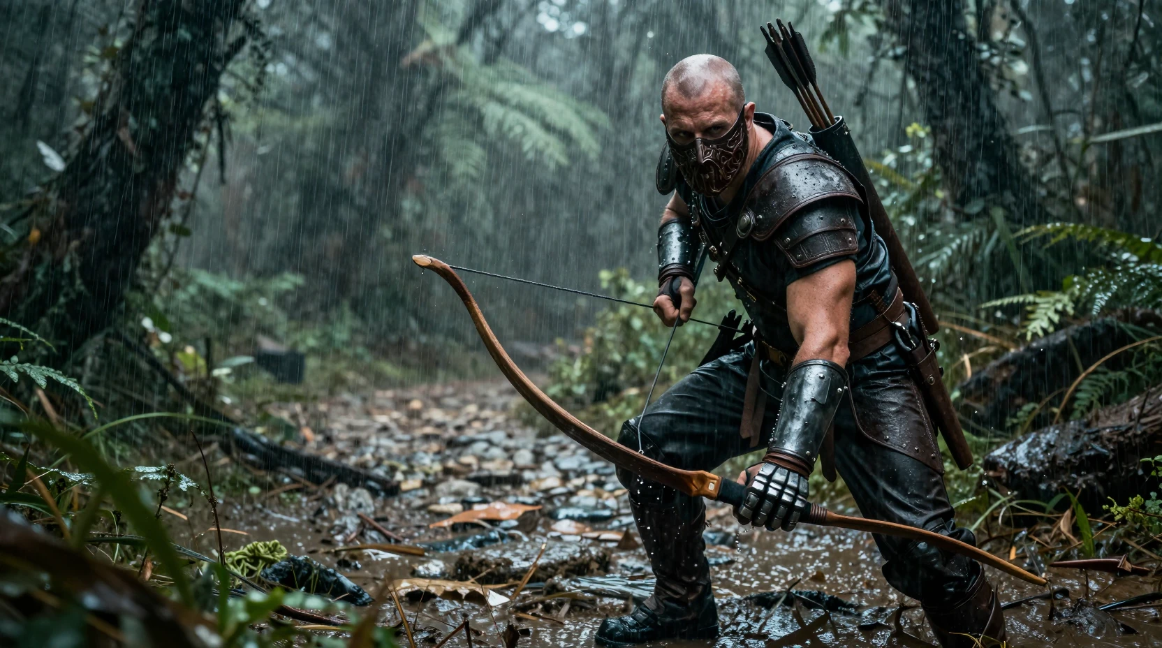 A masked warrior moves through rain-soaked jungle undergrowth