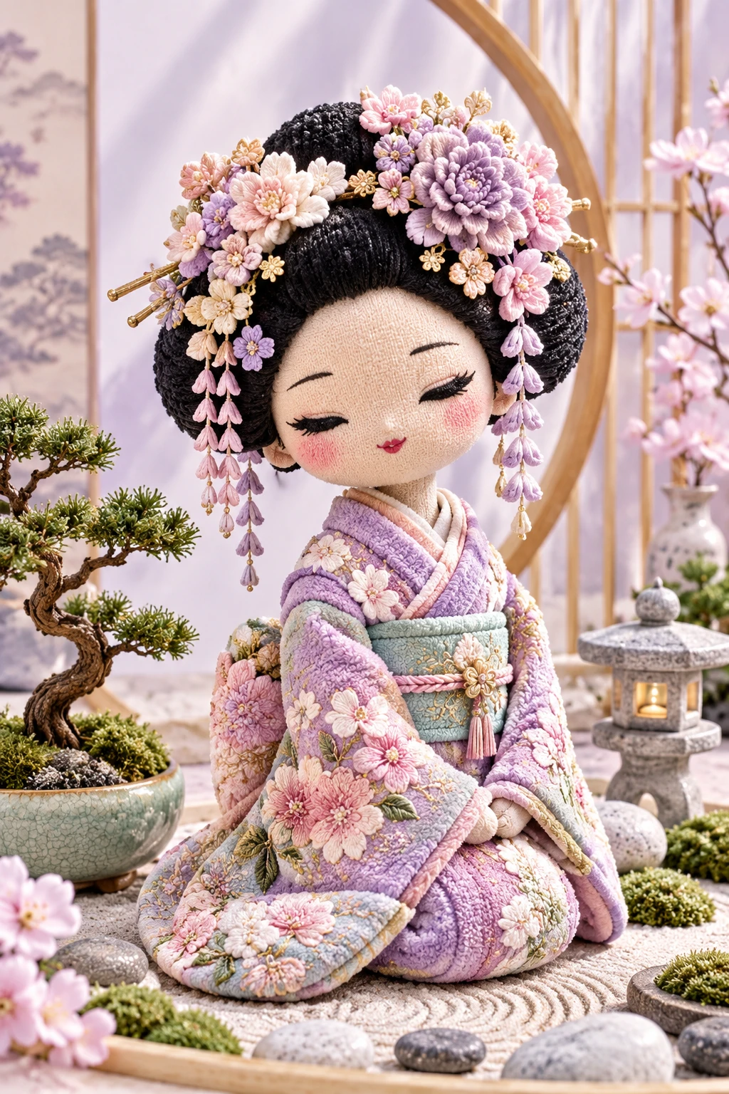Muñeca geisha de chenilla con kimono bordado y adornos florales en el cabello