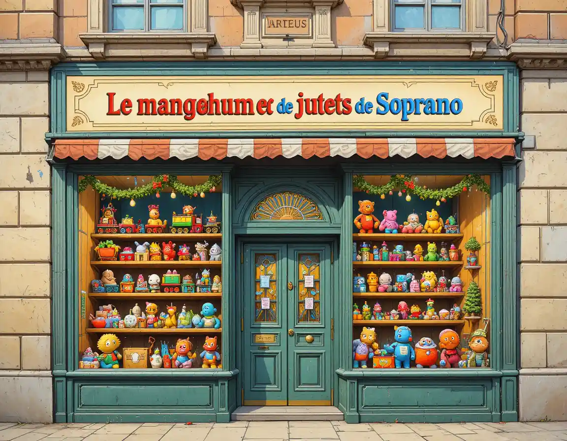A charming toy shopfront filled with colorful toys and warm lights