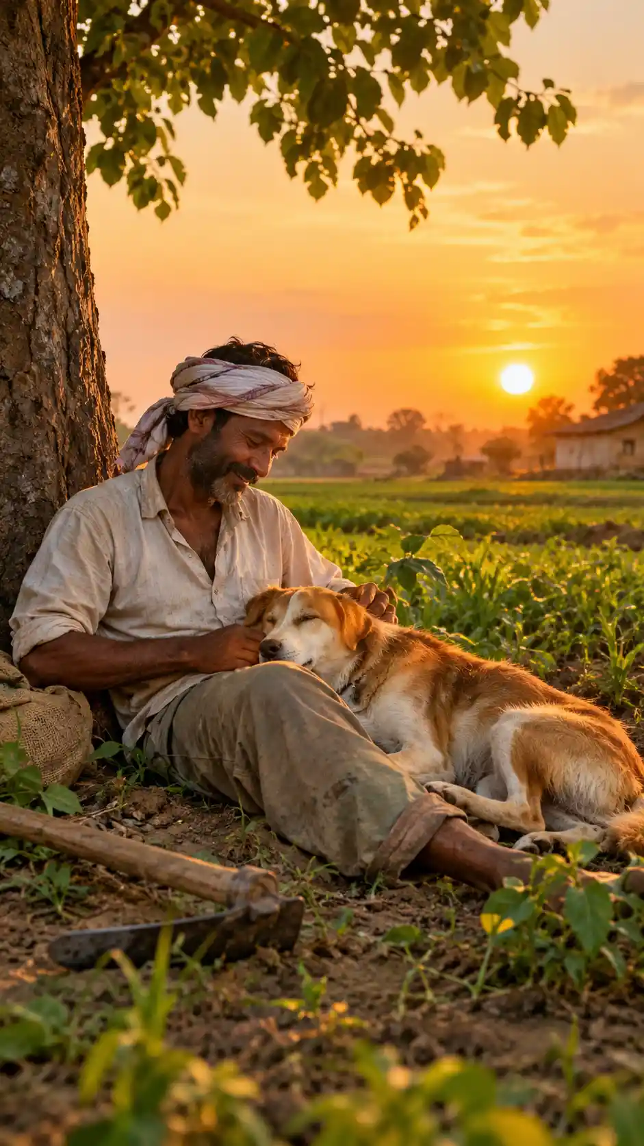 A farmer works his field beside his faithful dog