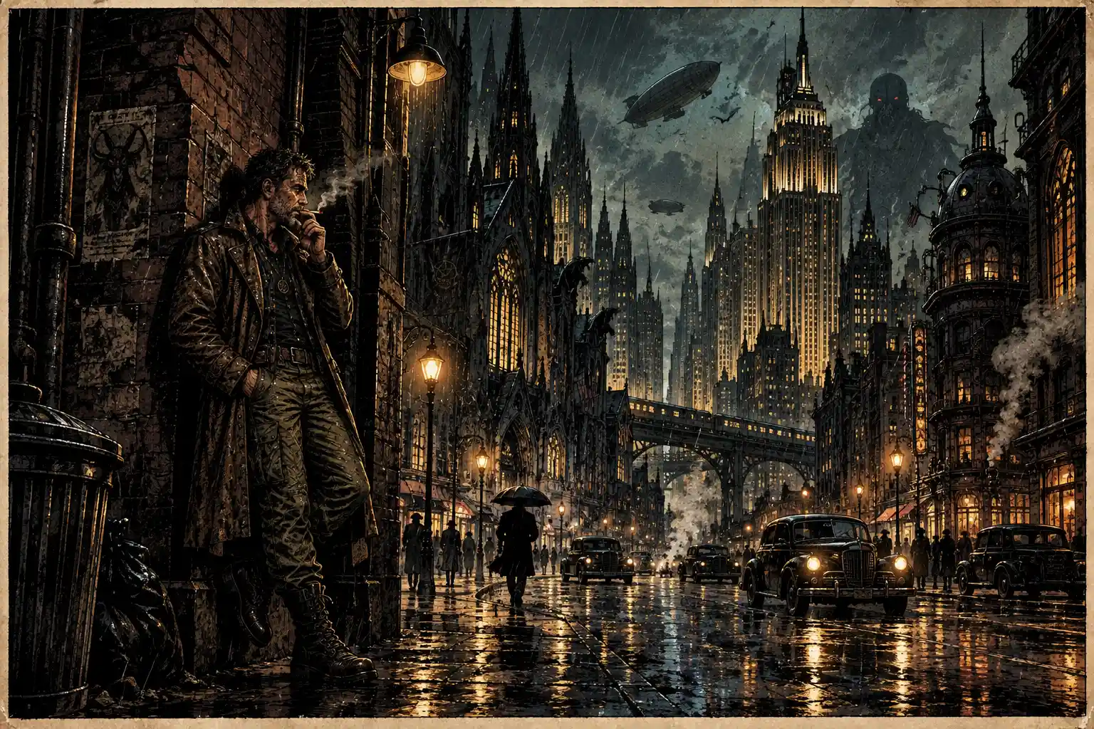 A character smokes at an alley entrance on a rainy night