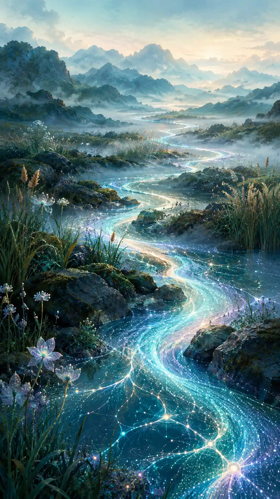 A luminous river winds through a quiet wilderness of reeds and stones