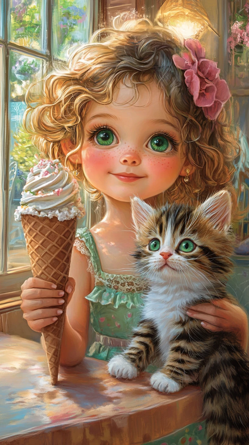 Una niña sostiene un helado junto a un gatito atigrado de ojos verdes