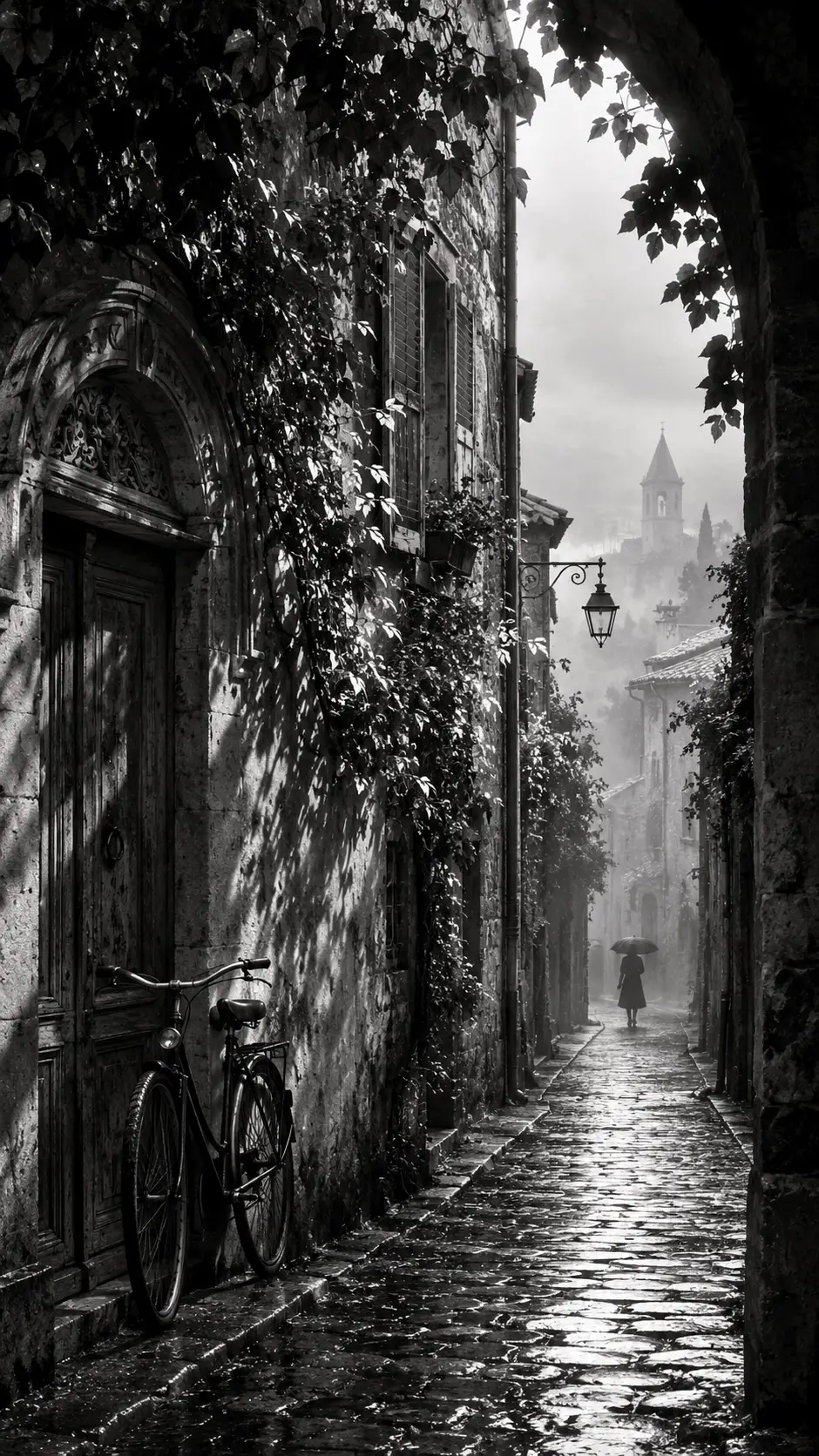 A quiet cobblestone alley winds through a historic village at dawn