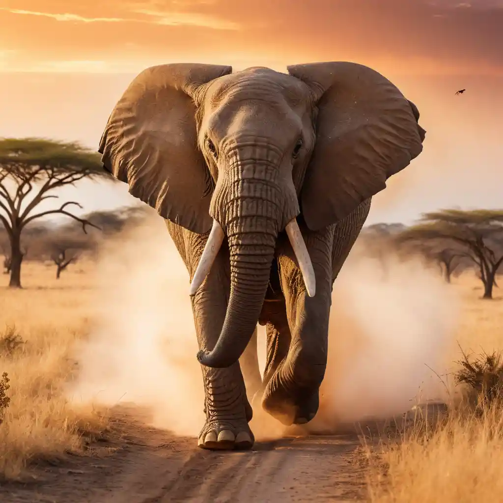 An African Elephant Charges Across the Savannah Toward a Startled Mouse