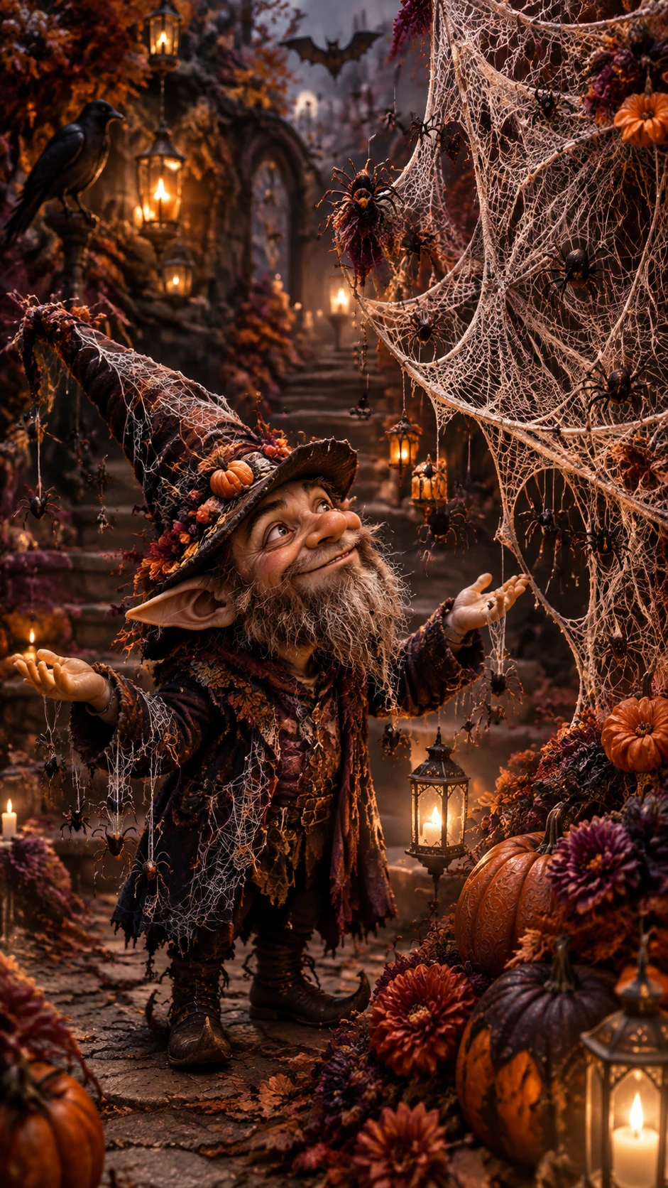 Un goblin scopre che i ragni lo hanno decorato mentre ammira una decorazione di Halloween ricoperta di ragnatele