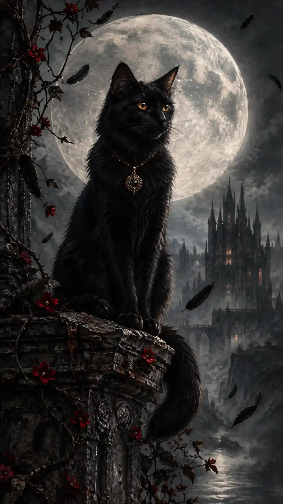 Un majestuoso gato negro se sienta en un monumento antiguo bajo la luna llena