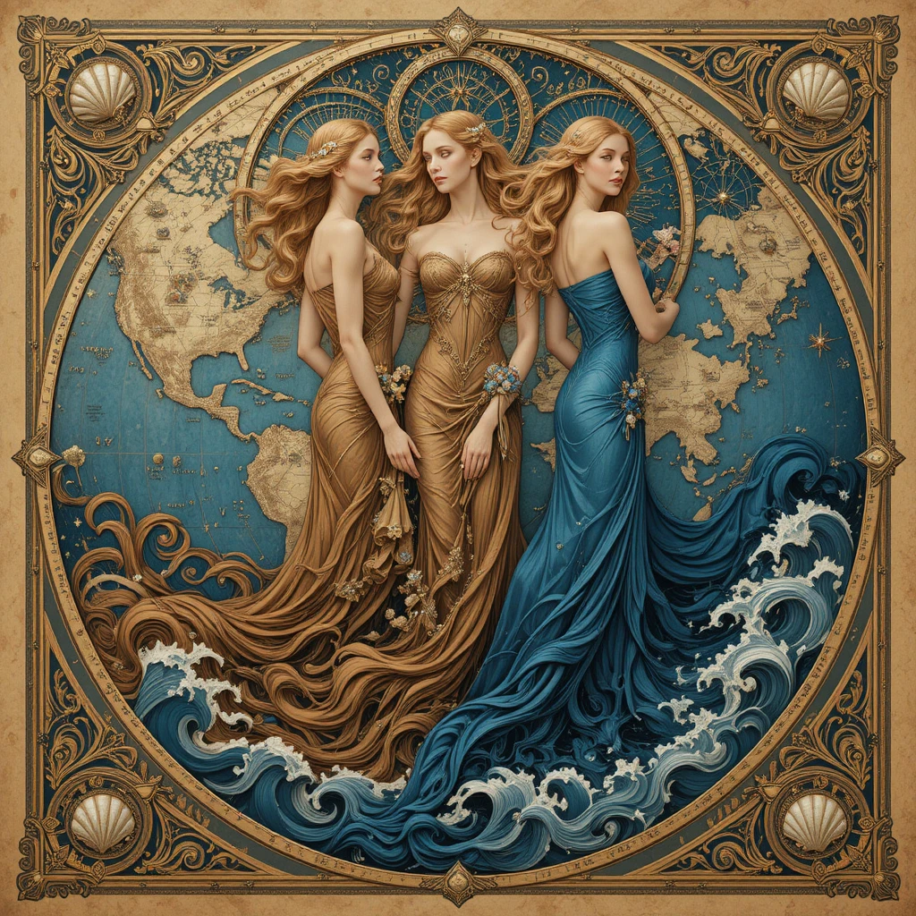 Un mapa art nouveau con costas que se transforman en diosas celestiales