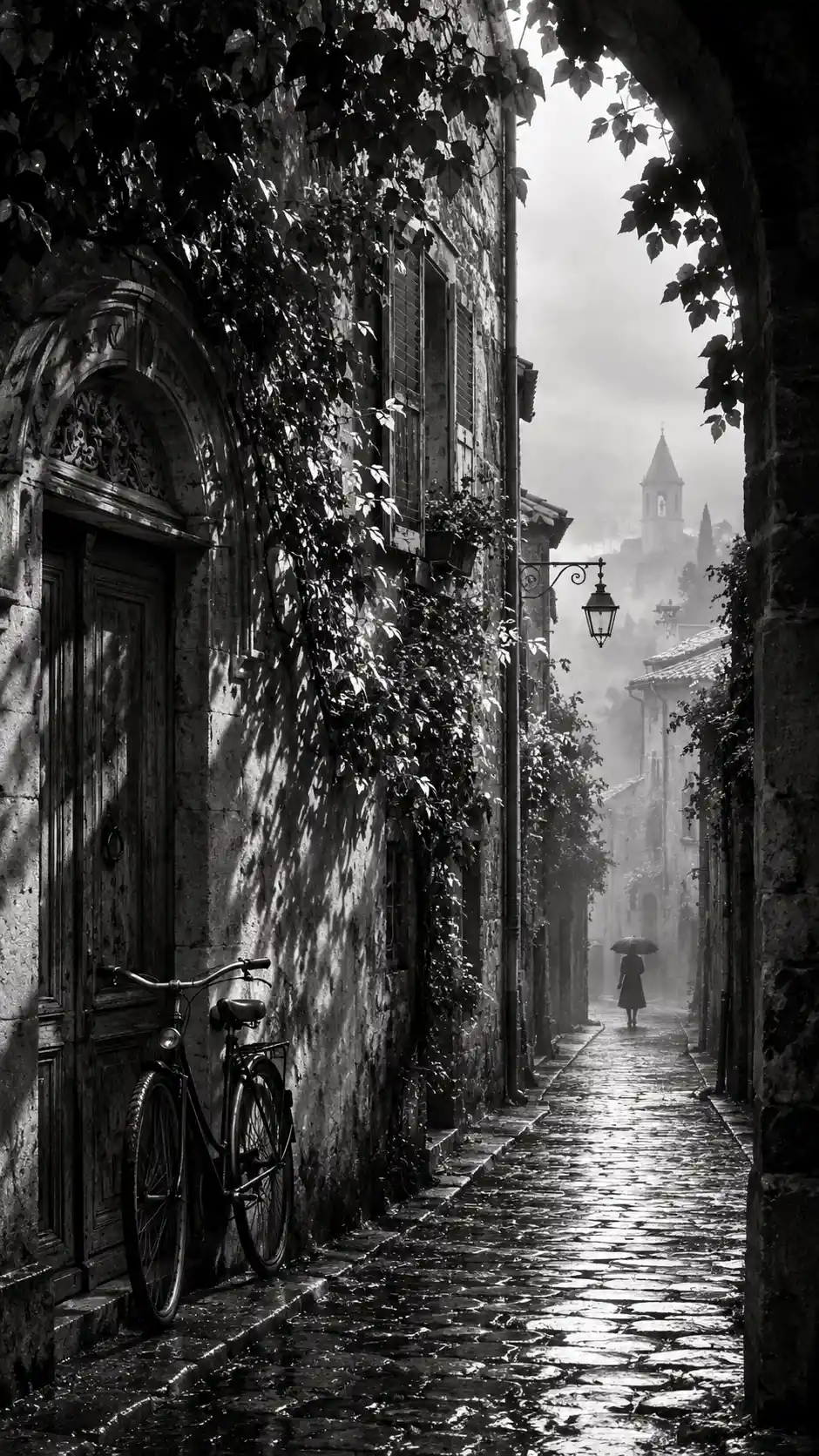 A quiet cobblestone alley winds through a historic village at dawn
