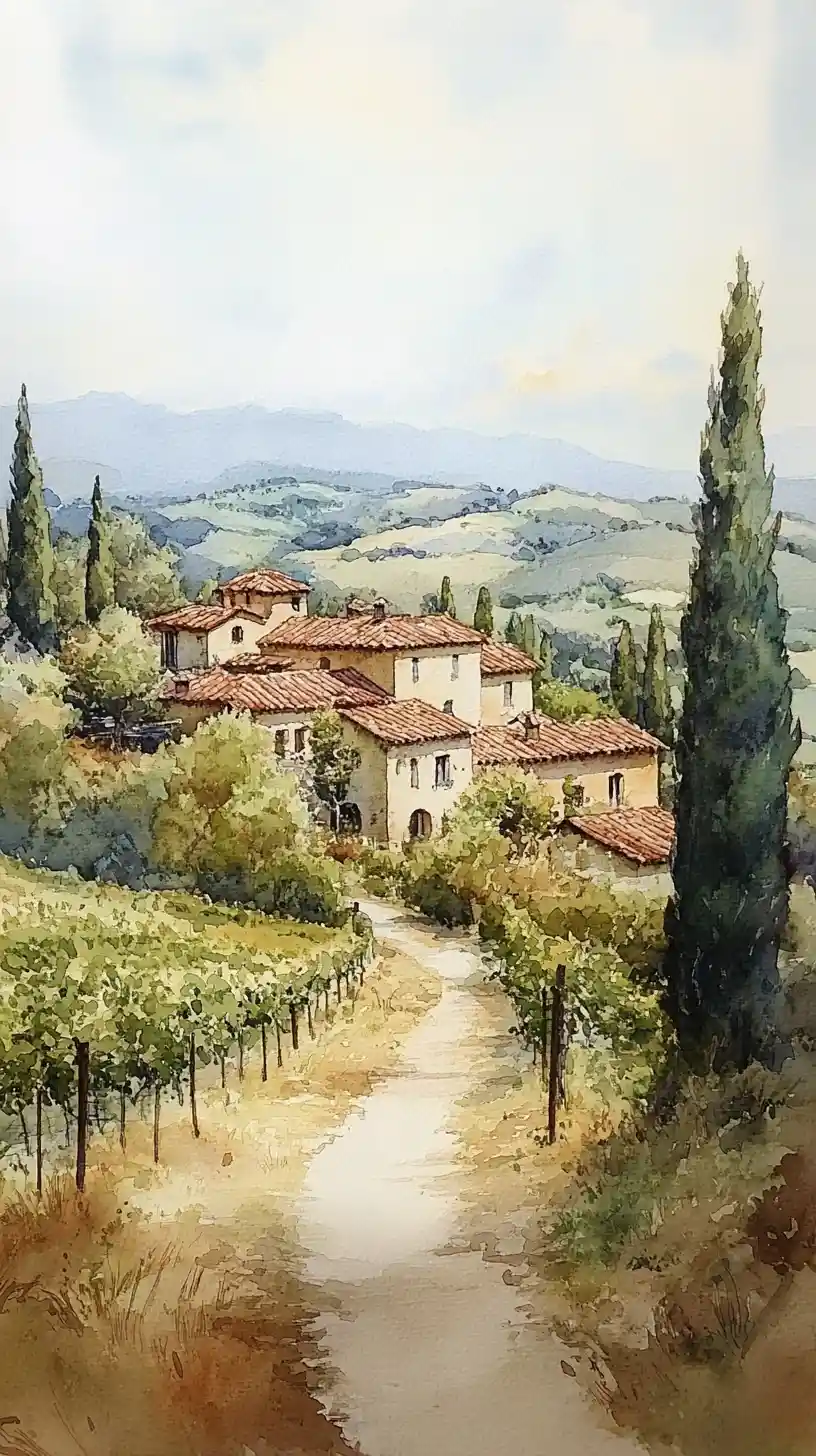 Watercolor village houses nestled among sunlit hills near Milan