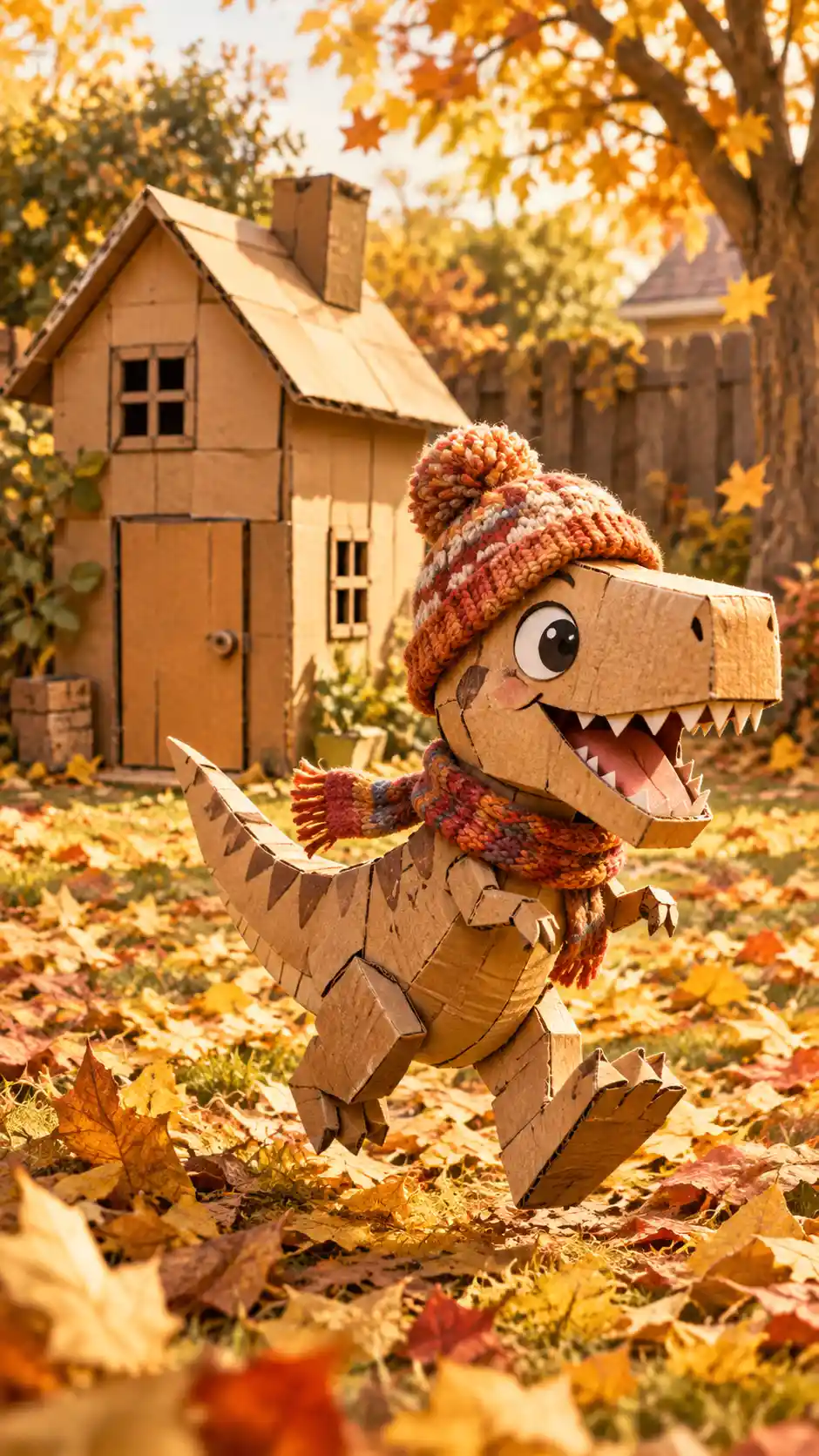A cheerful T rex runs through a backyard covered in autumn leaves