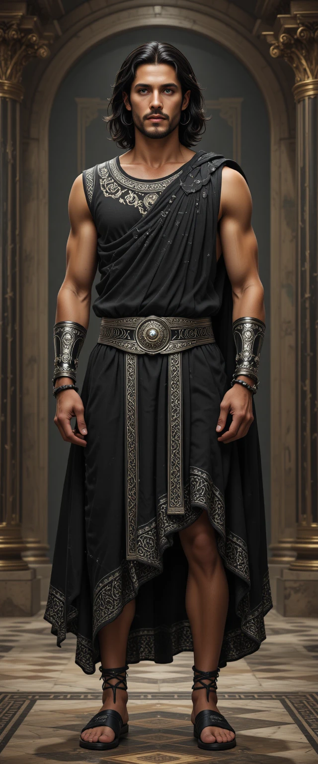 Morpheus stands before his palace in ornate Greek attire