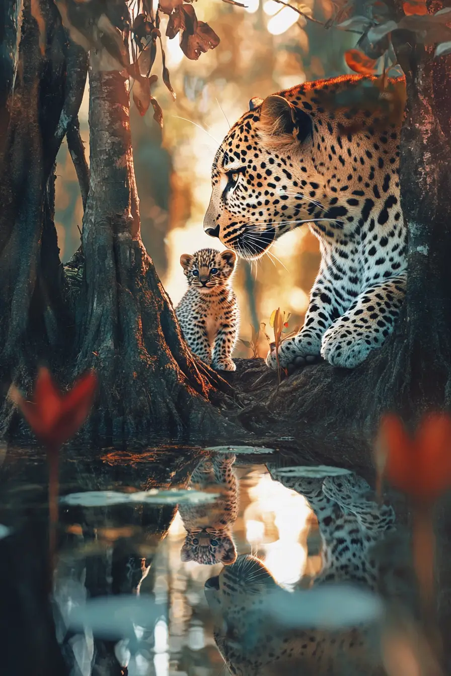 A leopard and cub share a quiet moment beside a forest pond