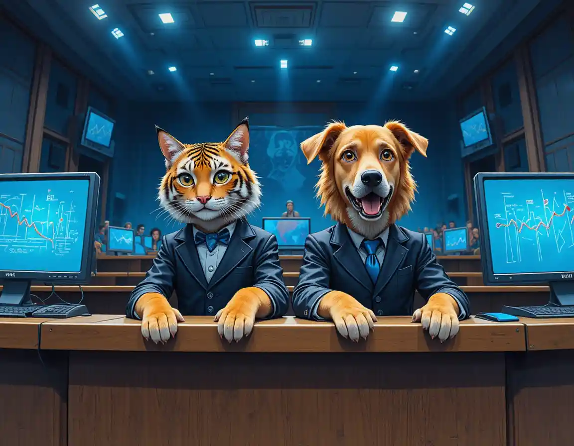 A Tabby Cat and Blonde Dog in Suits Presenting From a Conference Desk