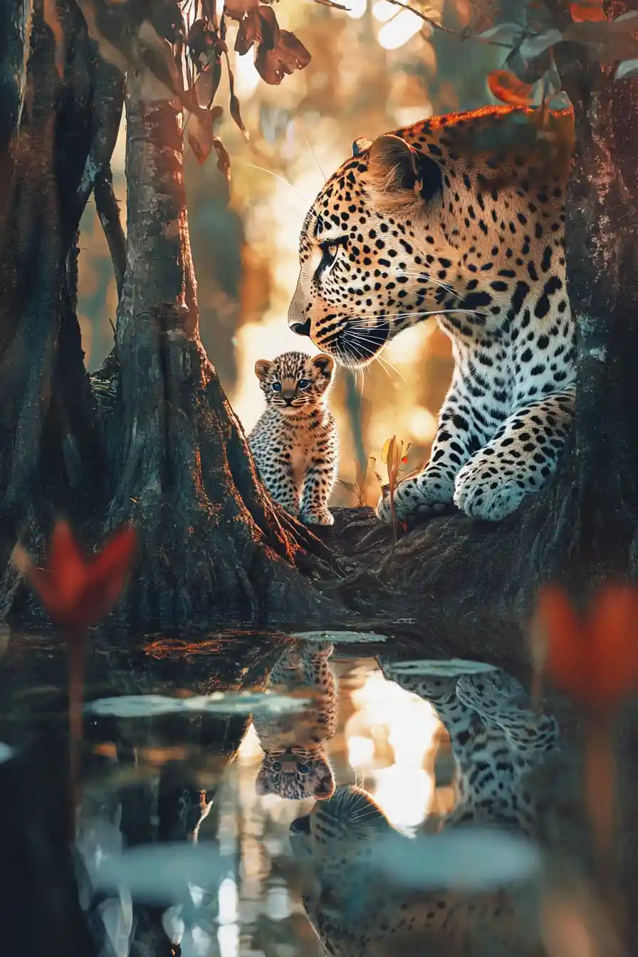 A leopard and cub share a quiet moment beside a forest pond