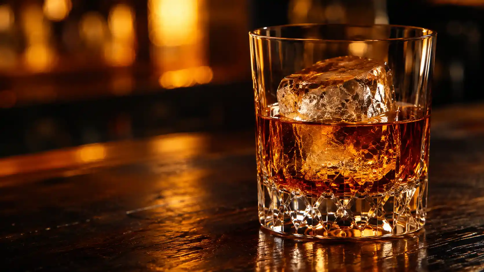 A crystal whiskey glass rests on a wooden bar with one ice cube