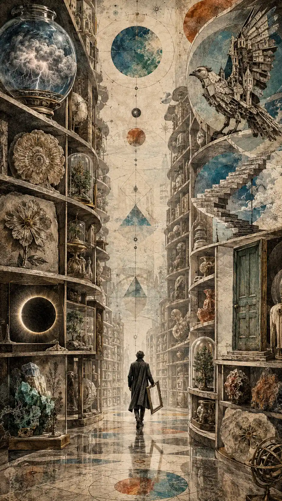A surreal library where shelves hold strange objects