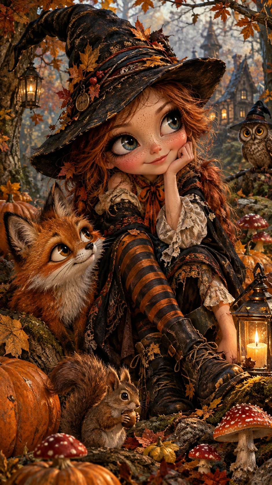 Una ilustración fantástica y llena de encanto de un bosque otoñal repleto de calabazas y setas