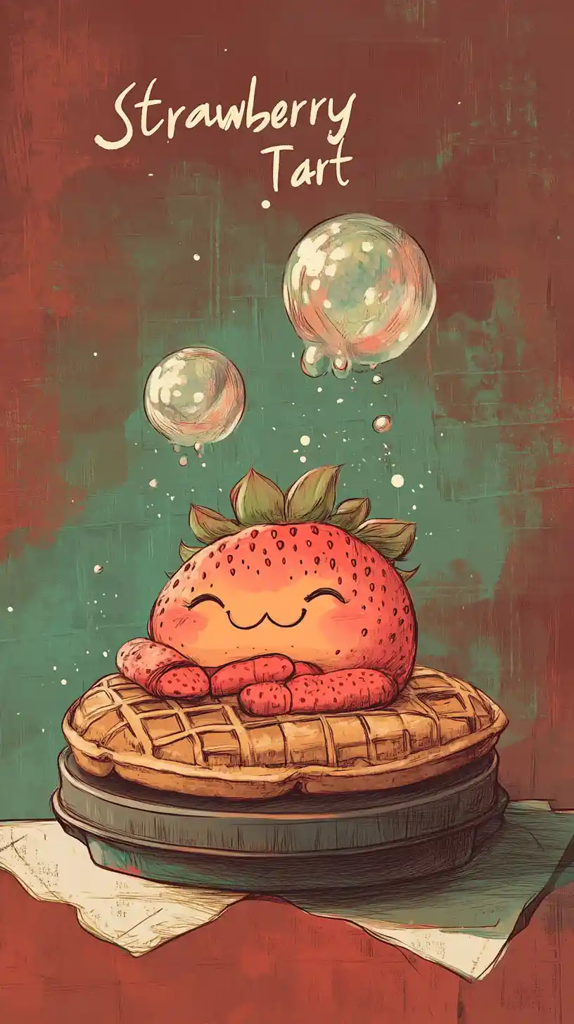 A laughing strawberry character naps atop a waffle iron
