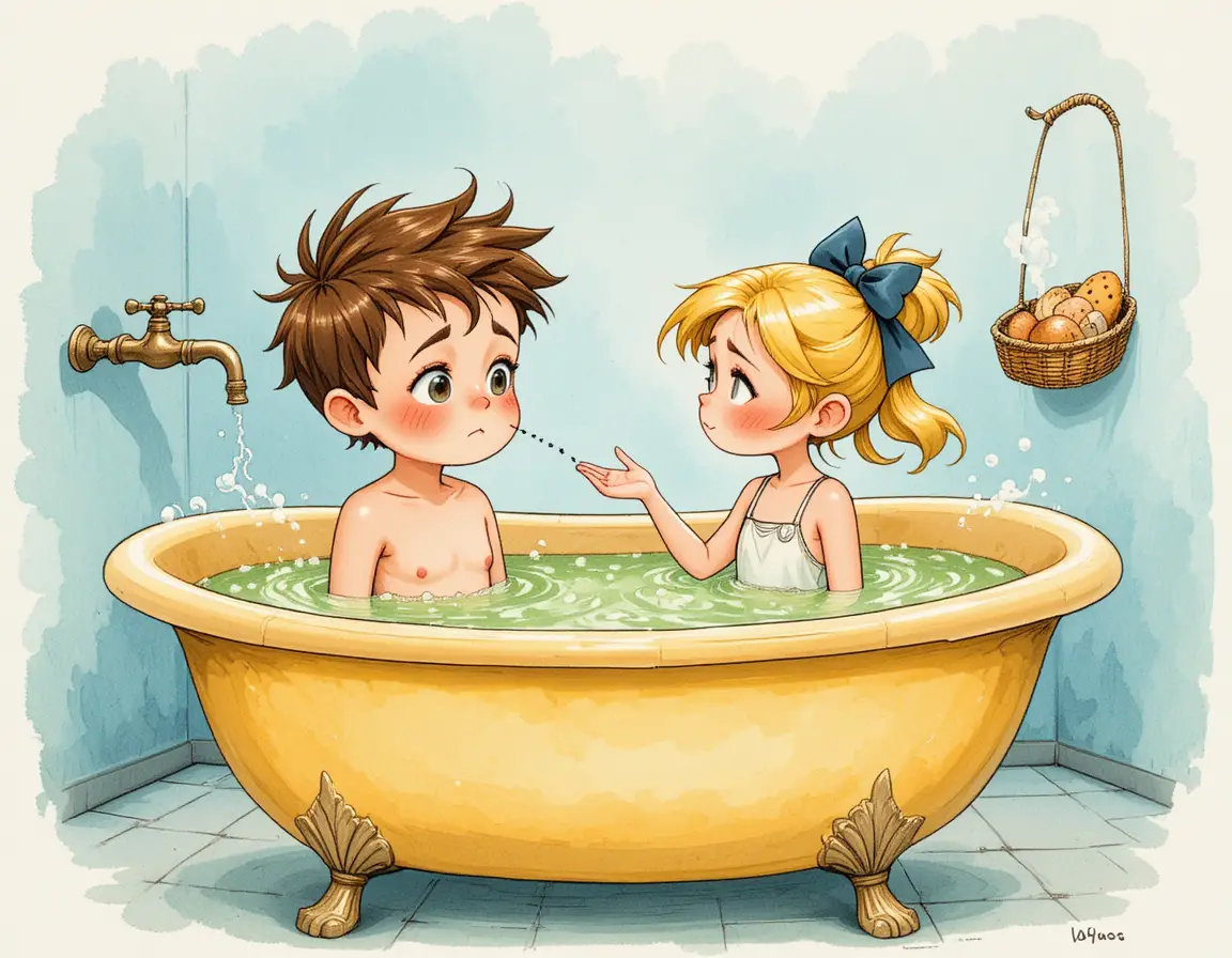 Two Children Share a Playful Moment in a Bubbly Bathtub