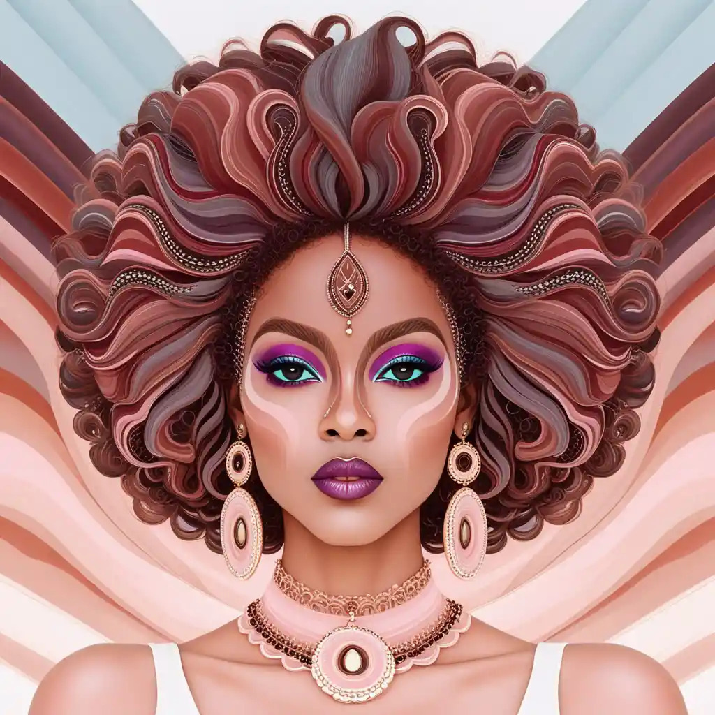 A black woman with a colorful afro and ornate silver jewelry