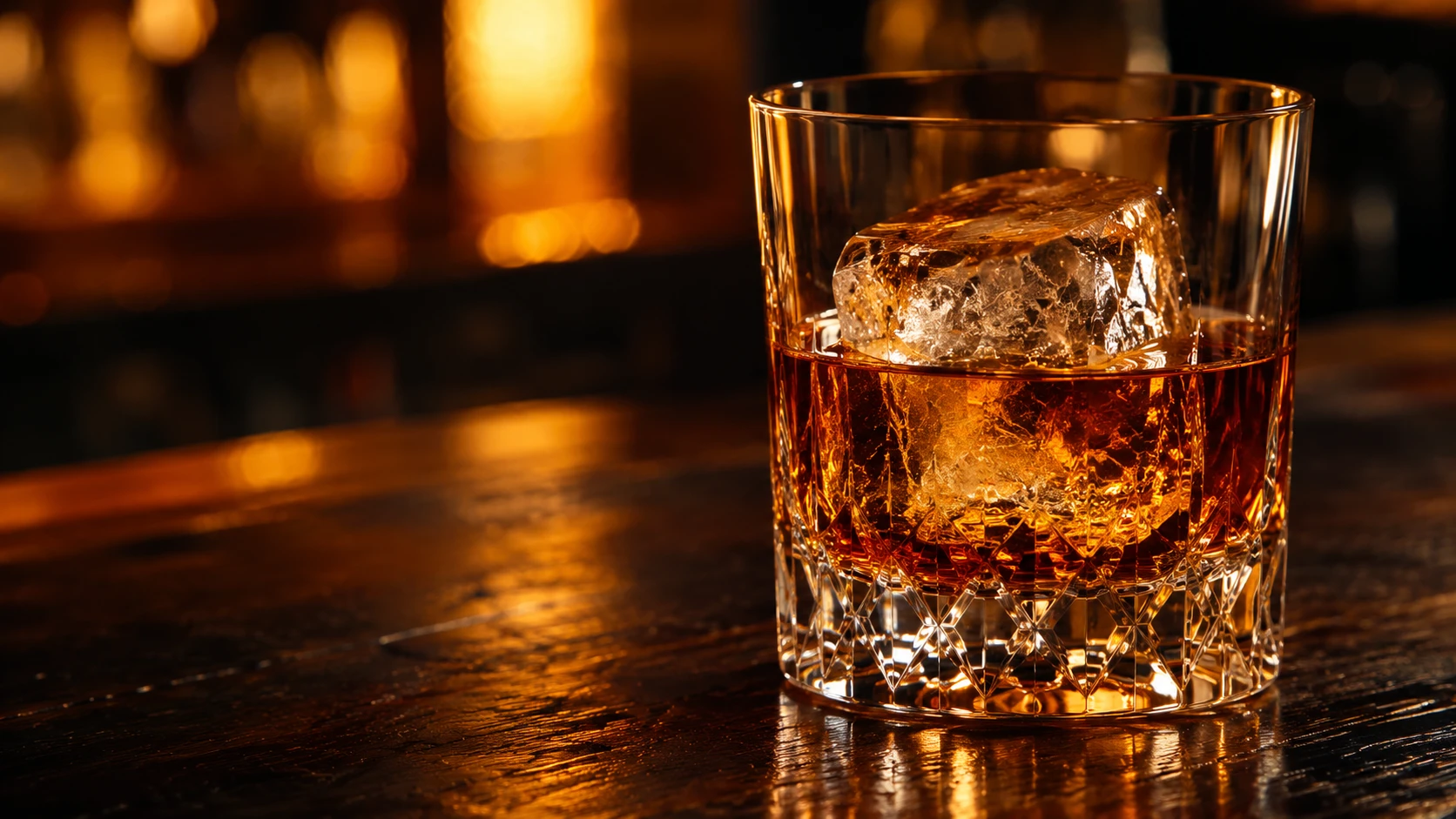 A crystal whiskey glass rests on a wooden bar with one ice cube