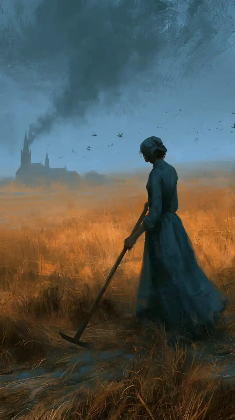 A peasant woman pauses in a harvested field at dusk