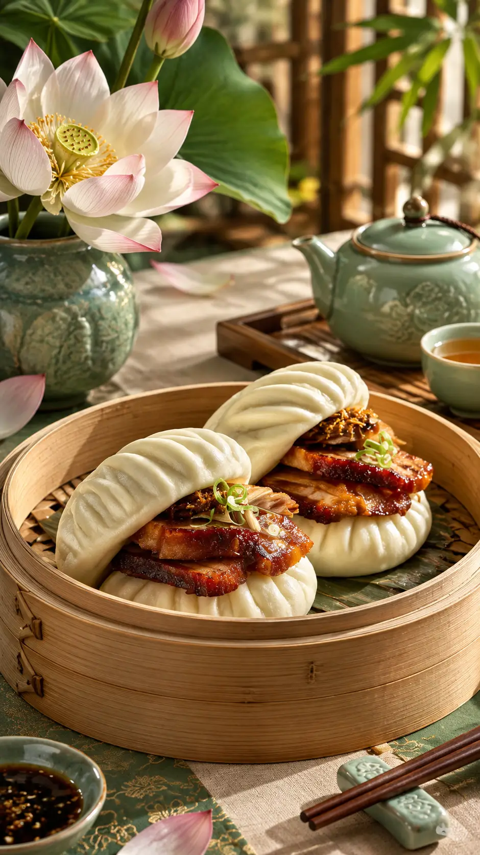 艶やかな豚バラの角煮を包んだ蓮の葉形の蒸し饅頭