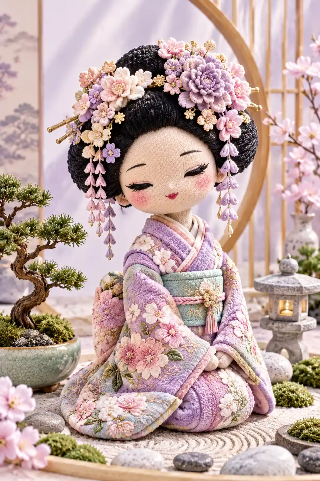 Chenille geisha doll in an embroidered kimono with floral hair ornaments