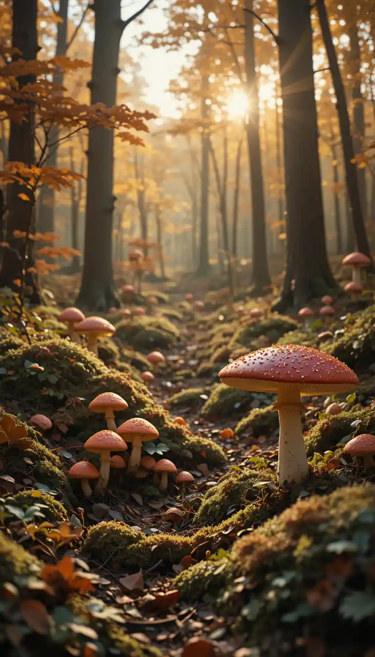 Victorian natural history illustration of mushrooms in a British woodland