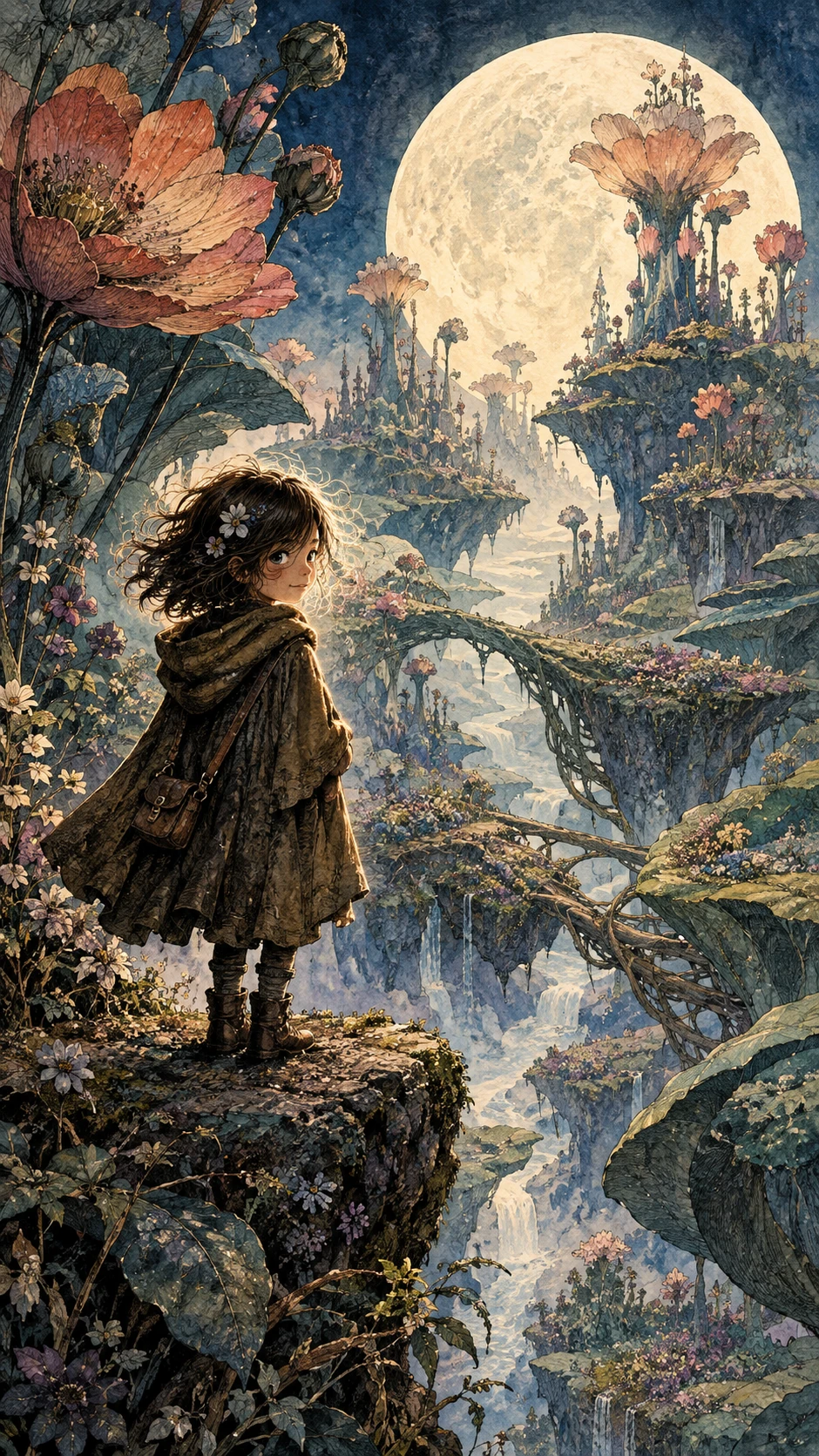 A woodland child surveys a vast garden beneath a pale moon