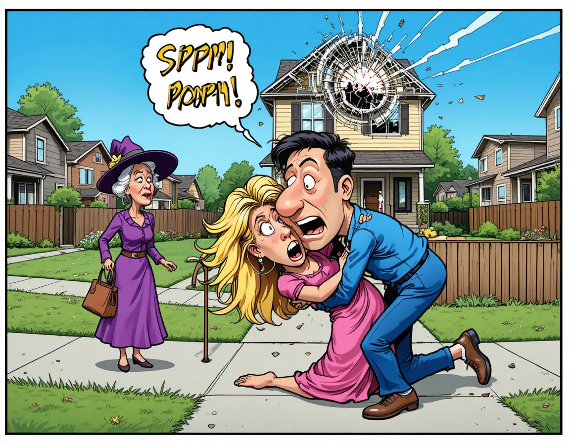 A comic sidewalk tangle leaves a man terrified and a woman dazed