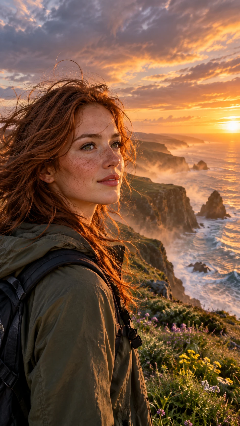 A freckled young woman gazes across the sea from a coastal cliff
