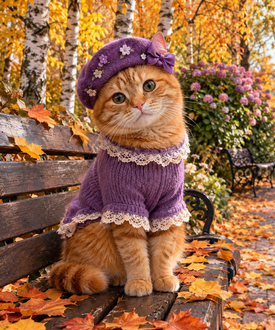 Gatto arancione tigrato seduto su una panchina con un maglione viola e un basco