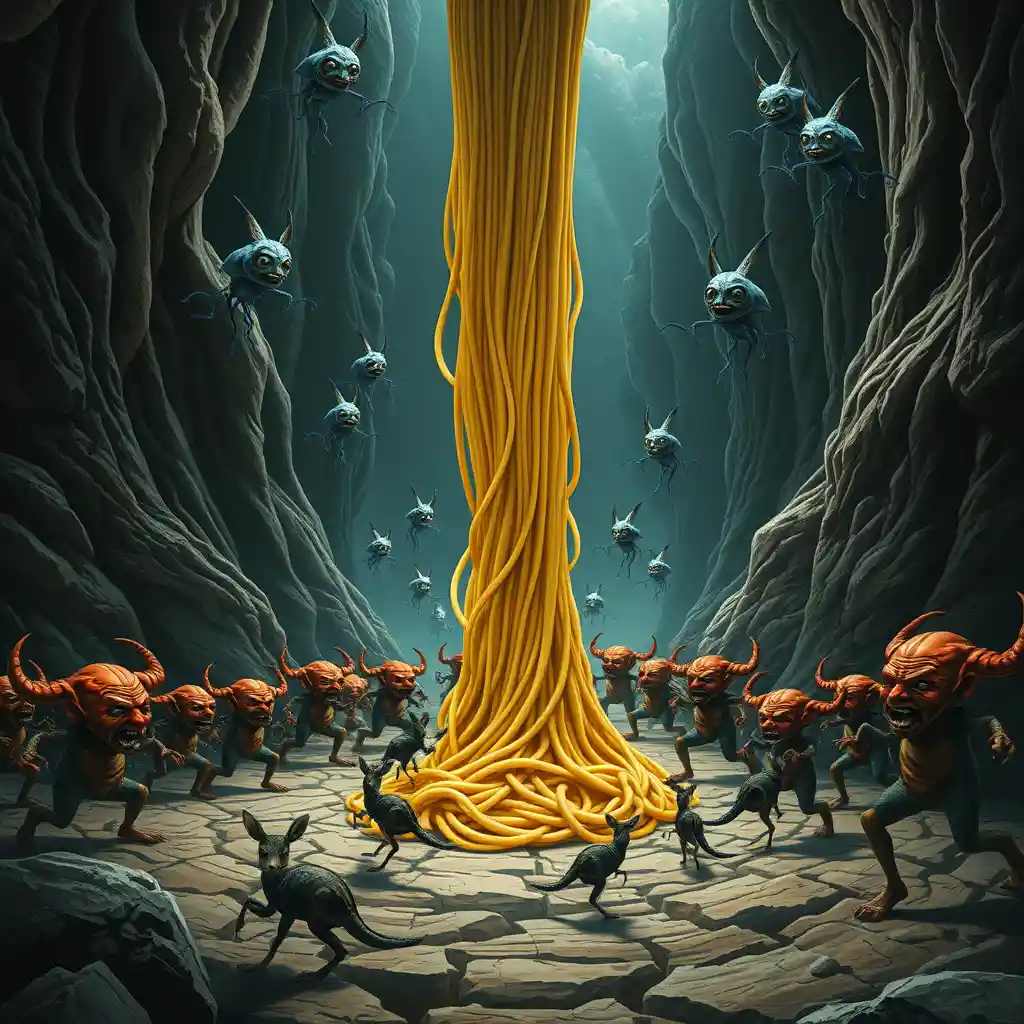 A towering spaghetti strand looms over angry red dwarves in a crooked valley