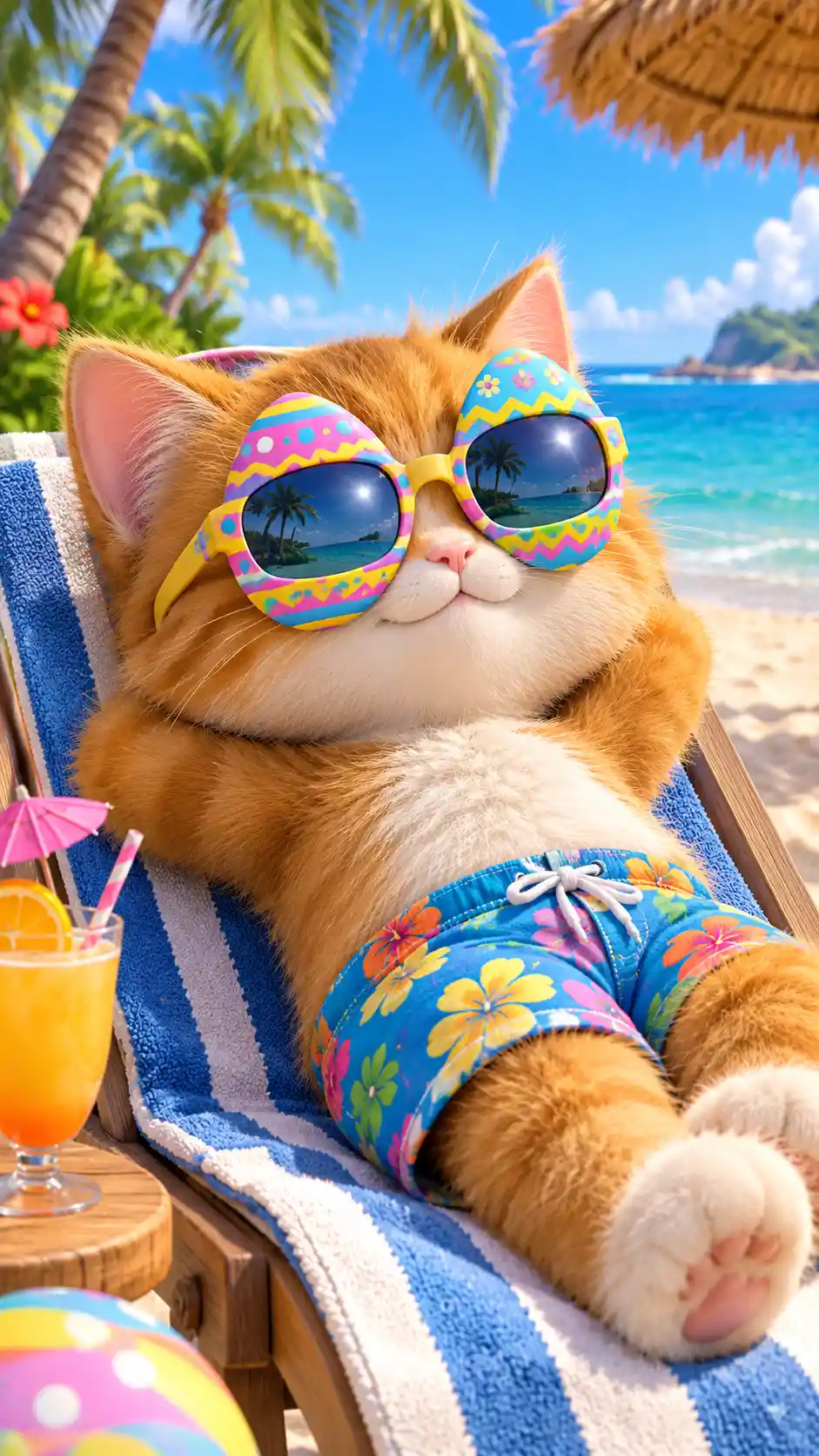 A fluffy kitten sunbathes on a tropical beach in colorful egg shaped sunglasses