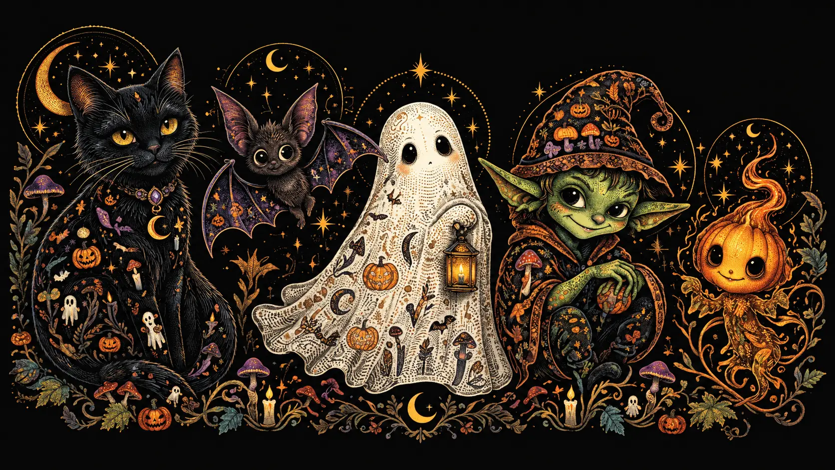 Cinco espíritus familiares de Halloween en una composición de personajes grabados al detalle